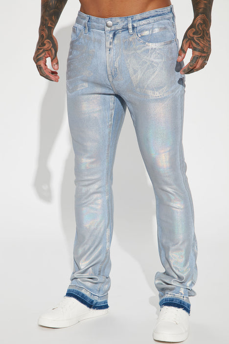 Galaxy Coated Wax Skinny Stacked Flared Jeans Light Blue Wash
