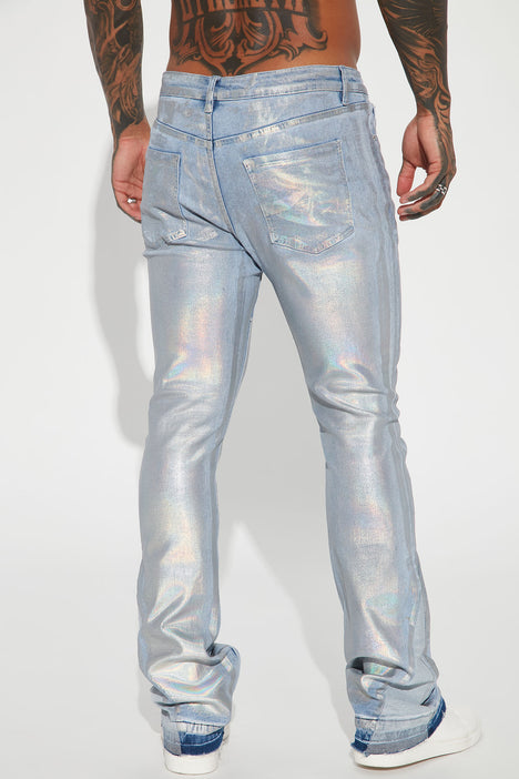 Galaxy Coated Wax Skinny Stacked Flared Jeans Light Blue Wash