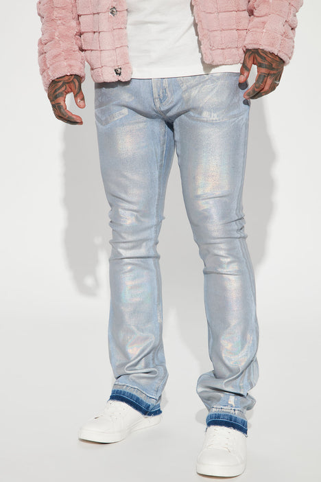 Galaxy Coated Wax Skinny Stacked Flared Jeans Light Blue Wash