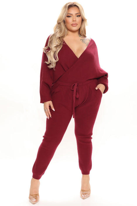 Cold Hearted Sweater Jumpsuit Burgundy Fashion Nova Jumpsuits