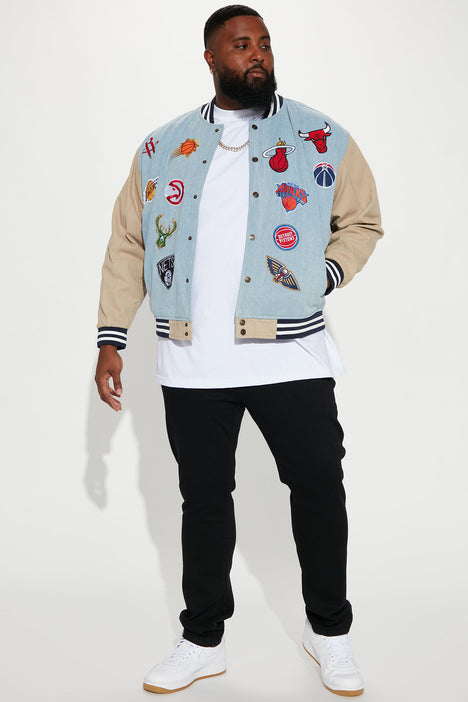 NBA Full Court Denim Varsity Jacket Medium Wash Fashion Nova