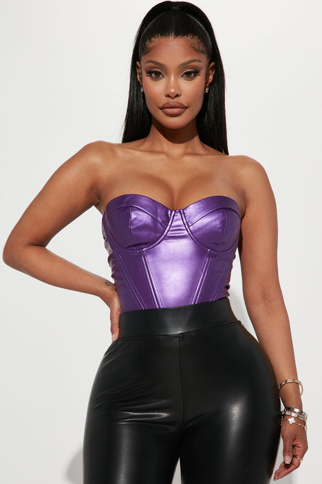Valentina Metallic PU Corset Bodysuit - Purple, Fashion Nova, Bodysuits