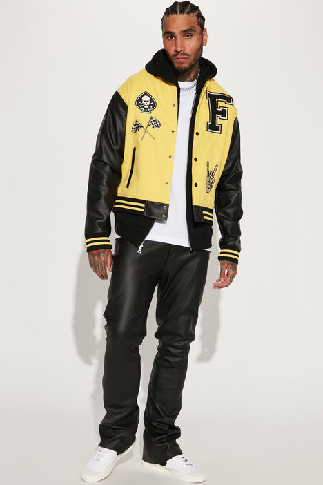Biker Faux Leather Varsity Jacket - Yellow/combo