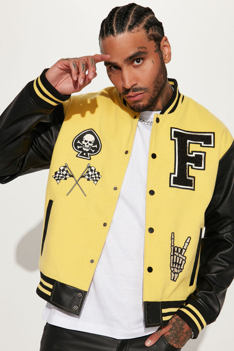 Biker Faux Leather Varsity Jacket Yellow combo Fashion Nova