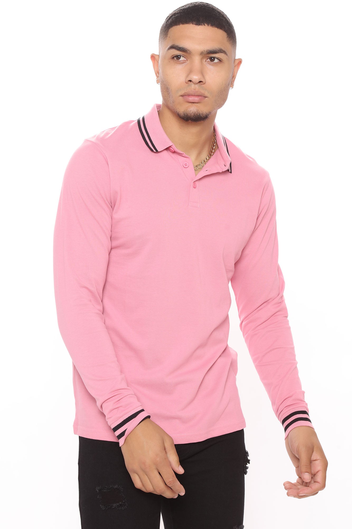 Men's pink long sleeve polo shirt discount