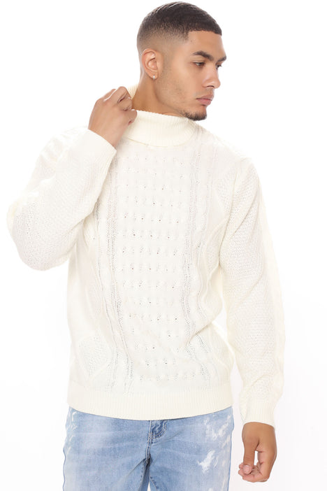 White cable knit hotsell turtleneck sweater mens