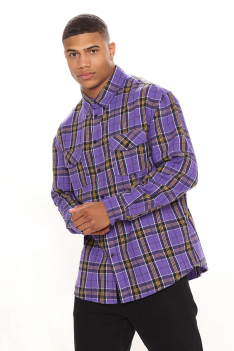 purple and yellow flannel shirt