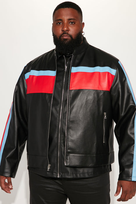 Racing Faux Leather Jacket Black combo Fashion Nova Mens