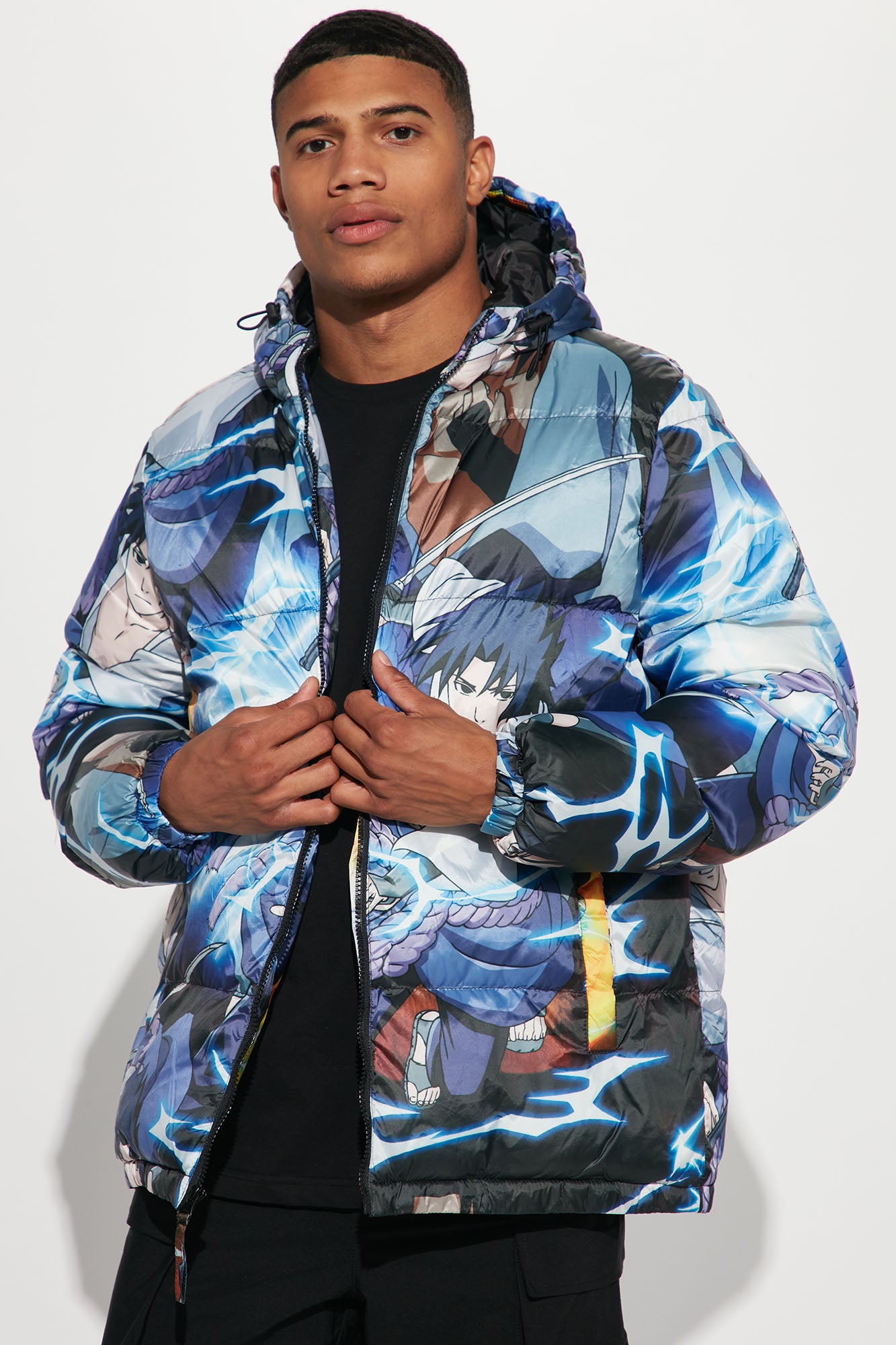 Naruto Sasuke Puffer Jacket - Blue, Fashion Nova, Mens Jackets