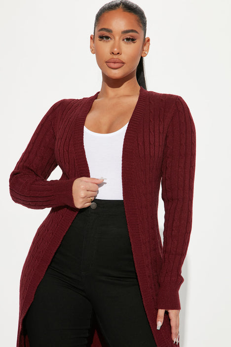 Alessandra Cable Knit Duster Cardigan Burgundy Fashion Nova
