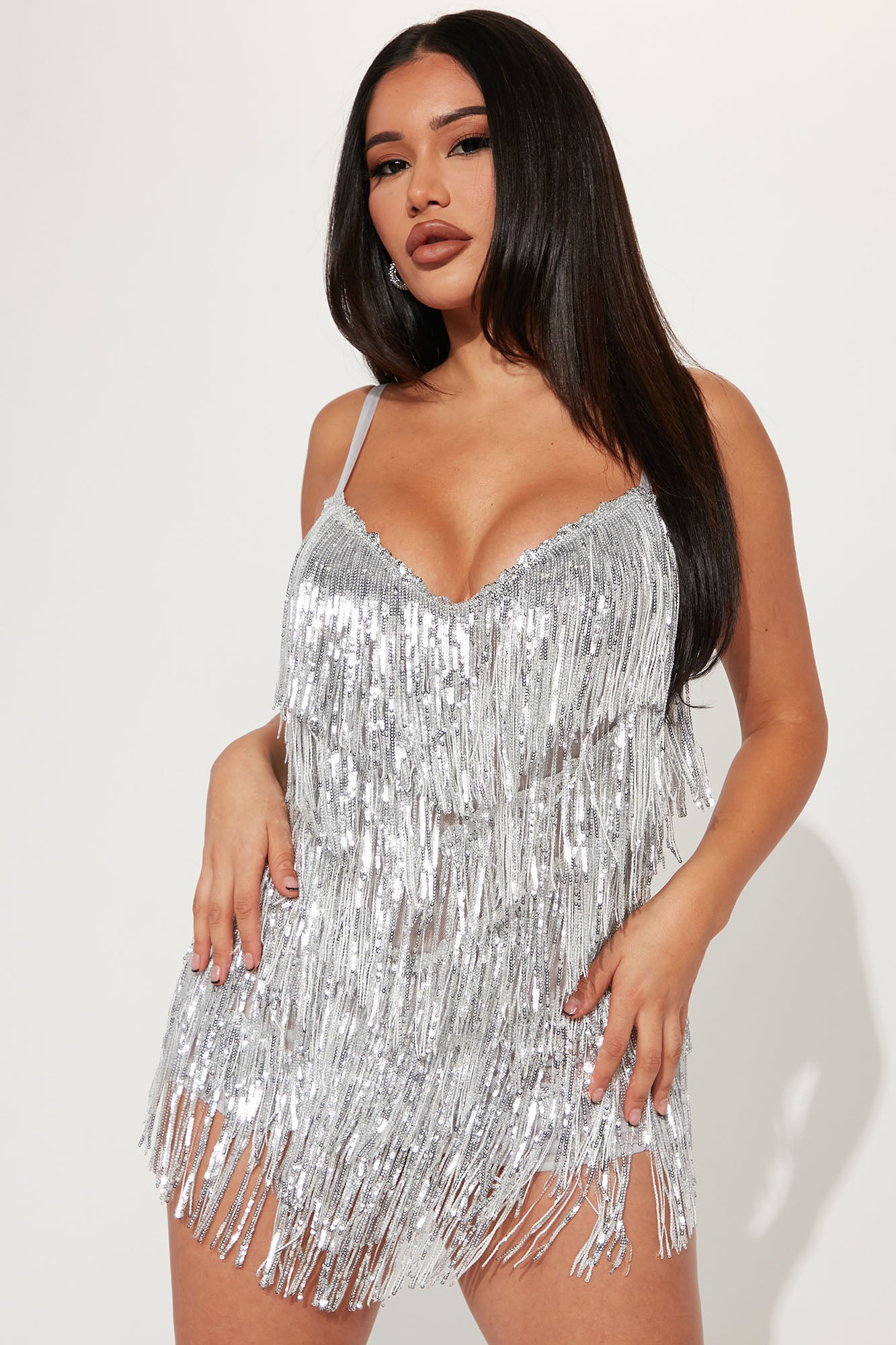 Sparkly Silver Fringe Mini Dress - Party Dresses