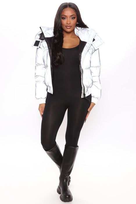 Women's See Things Clear Reflective Puffer Jacket in White Size Medium by Fashion Nova