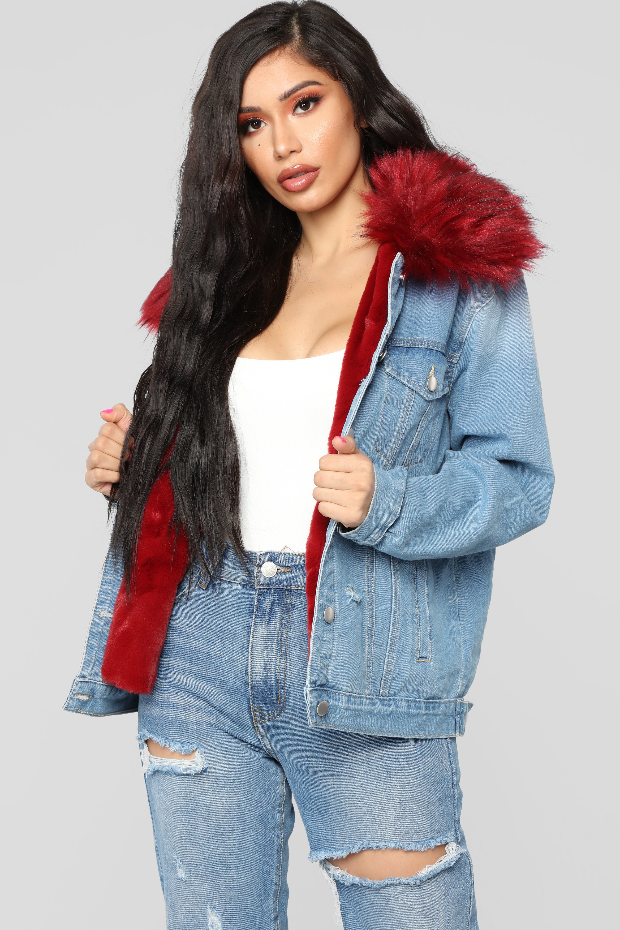 Red jean jacket with fur store