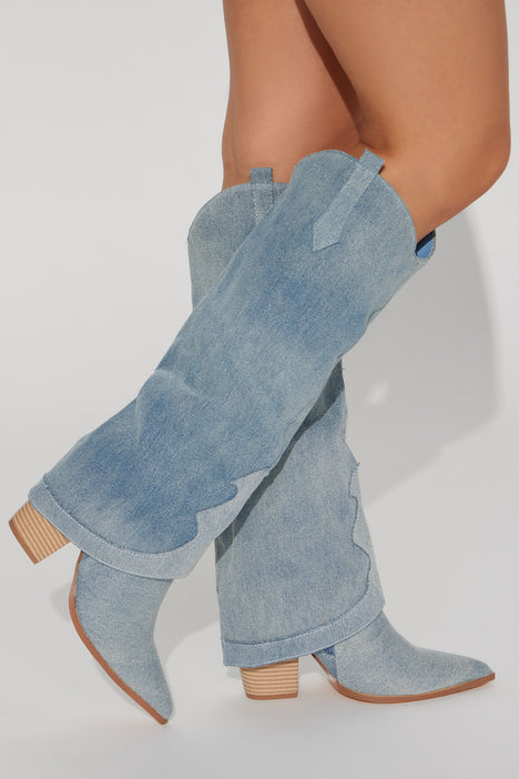 Denim thigh high new arrivals boots fashion nova