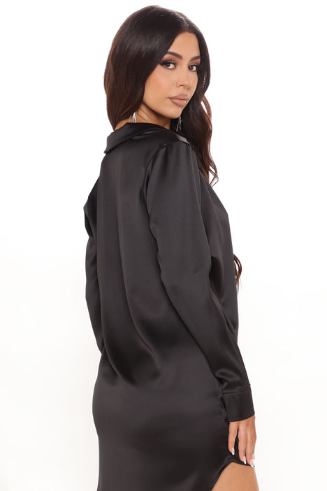 Plus black satin button front shirt dress new arrivals