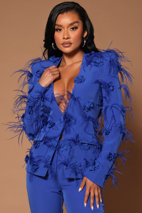 Cobalt blue fringe tailored blazer dress on sale