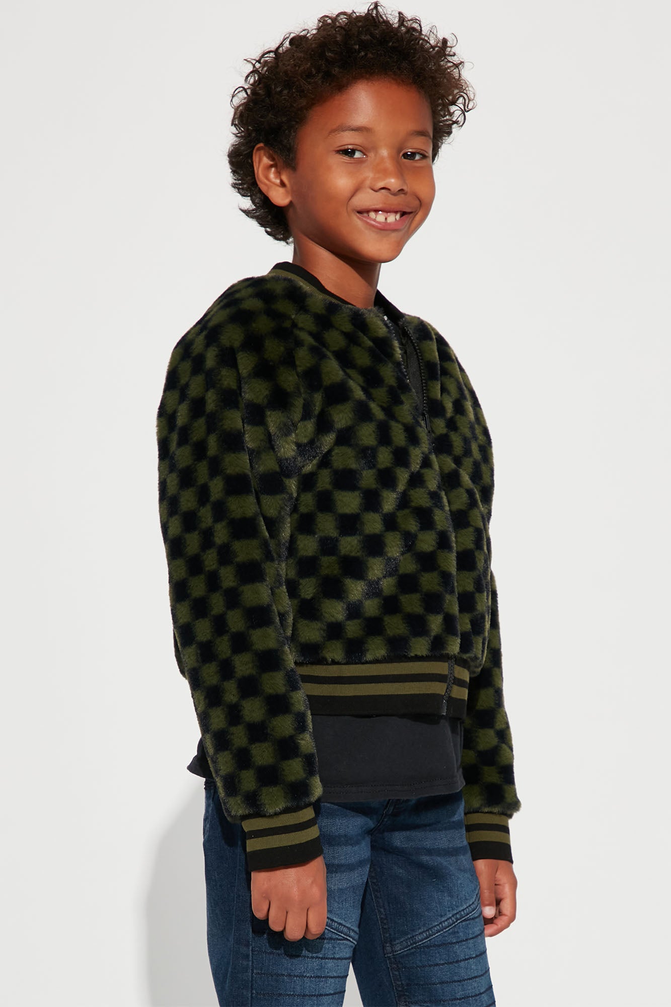 Mini Checkered Life Faux Fur Bomber Jacket Olive Fashion Nova