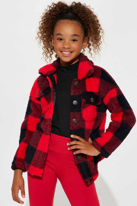 Mini Check You Out Sherpa Shacket Red Black Fashion Nova Kids