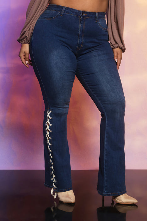 Jeans with strings at shop the bottom