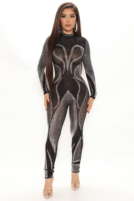 Always Shining Rhinestone Jumpsuit Black combo