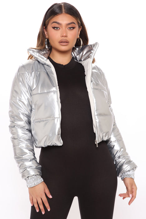 I Need Space Metallic Puffer Jacket - Silver, Fashion Nova, Jackets & Coats