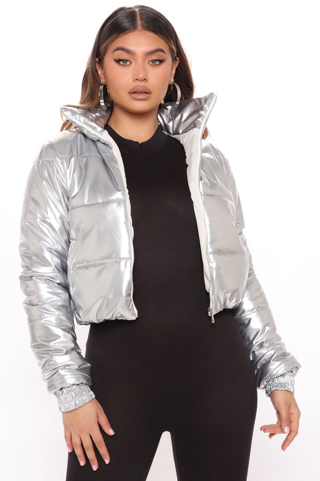 Silver puffer best sale jacket womens