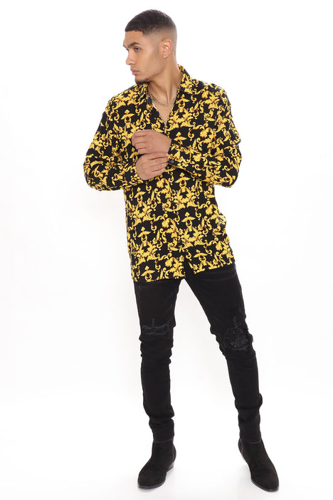 Gold Leaf Long Sleeve Woven Top Black Yellow