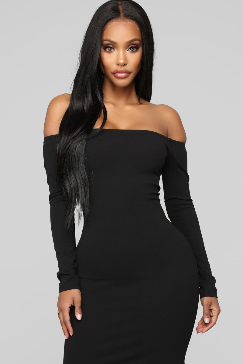 Simply Gorgeous Off Shoulder Midi Dress - Black | Fashion Nova, Dresses ...