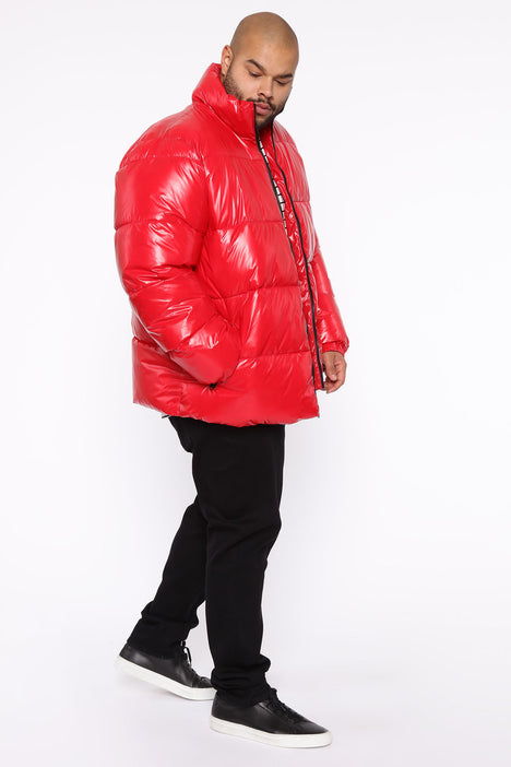 Men's High Collar Gloss Puffer Jacket in Red Size Small by Fashion Nova