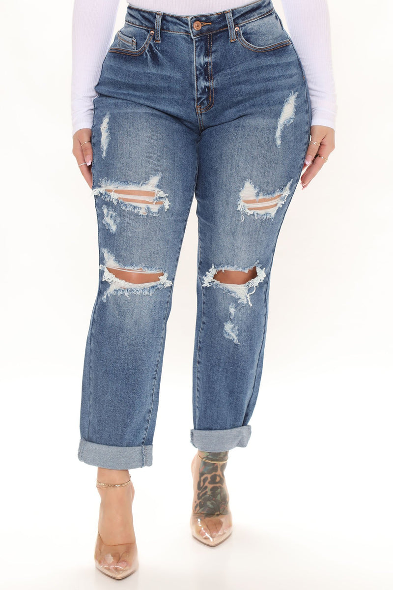 Harley Blown Knee Stretch Boyfriend Jeans - Medium Blue Wash | Fashion ...