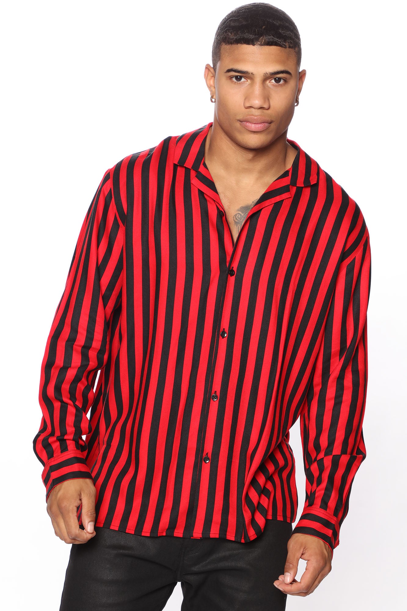 Red and black striped button top up shirt