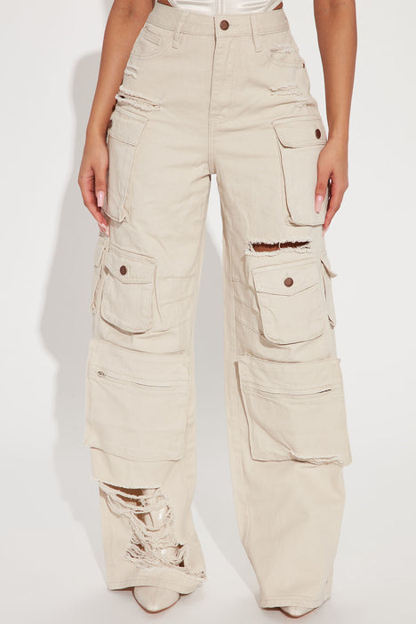 Lily High Rise Distressed Cargo Jeans Tan