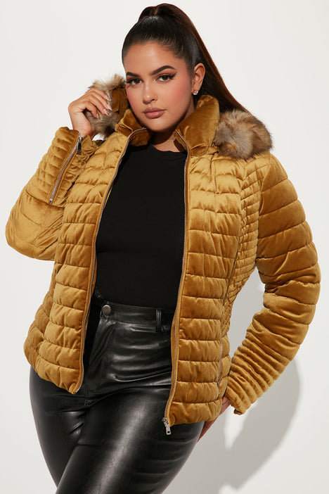 Gold puffer jacket with fur hood cheap