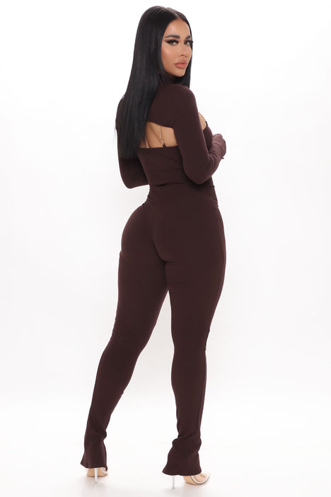 Just For Fun Ribbed Jumpsuit Set Chocolate