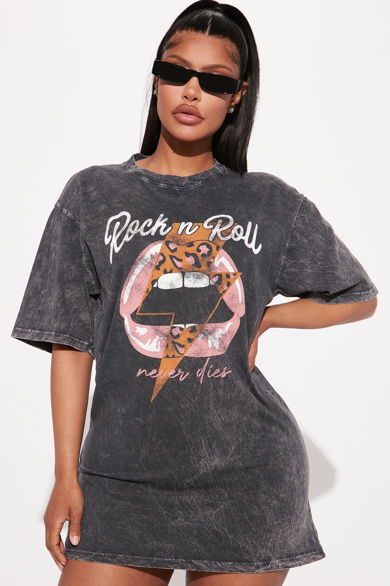 Rock N Roll Washed T Shirt Dress Charcoal Fashion Nova