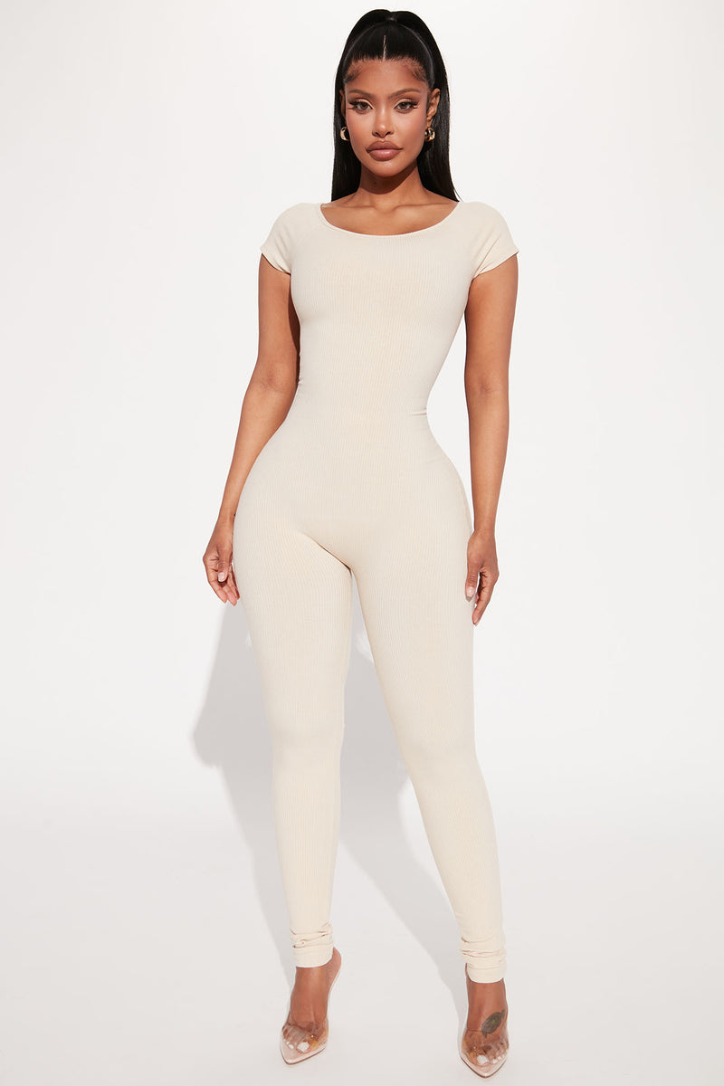 Sonya Off Shoulder Snatched Jumpsuit Cream Fashion Nova, Jumpsuits
