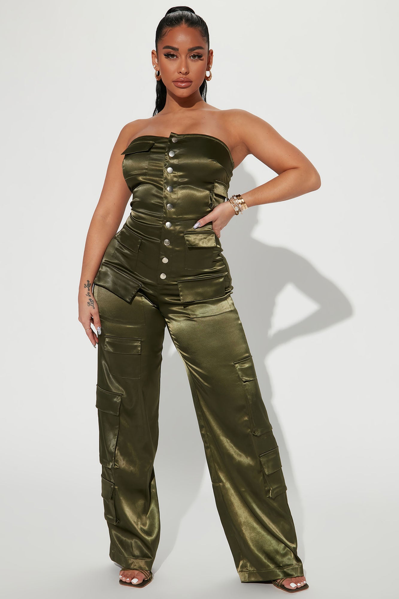 Carolina Satin Cargo Jumpsuit Olive
