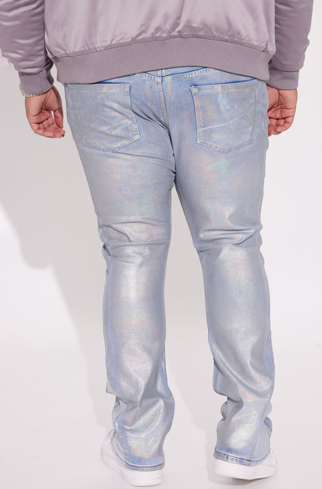 Galaxy Coated Wax Skinny Stacked Flared Jeans Light Blue Wash