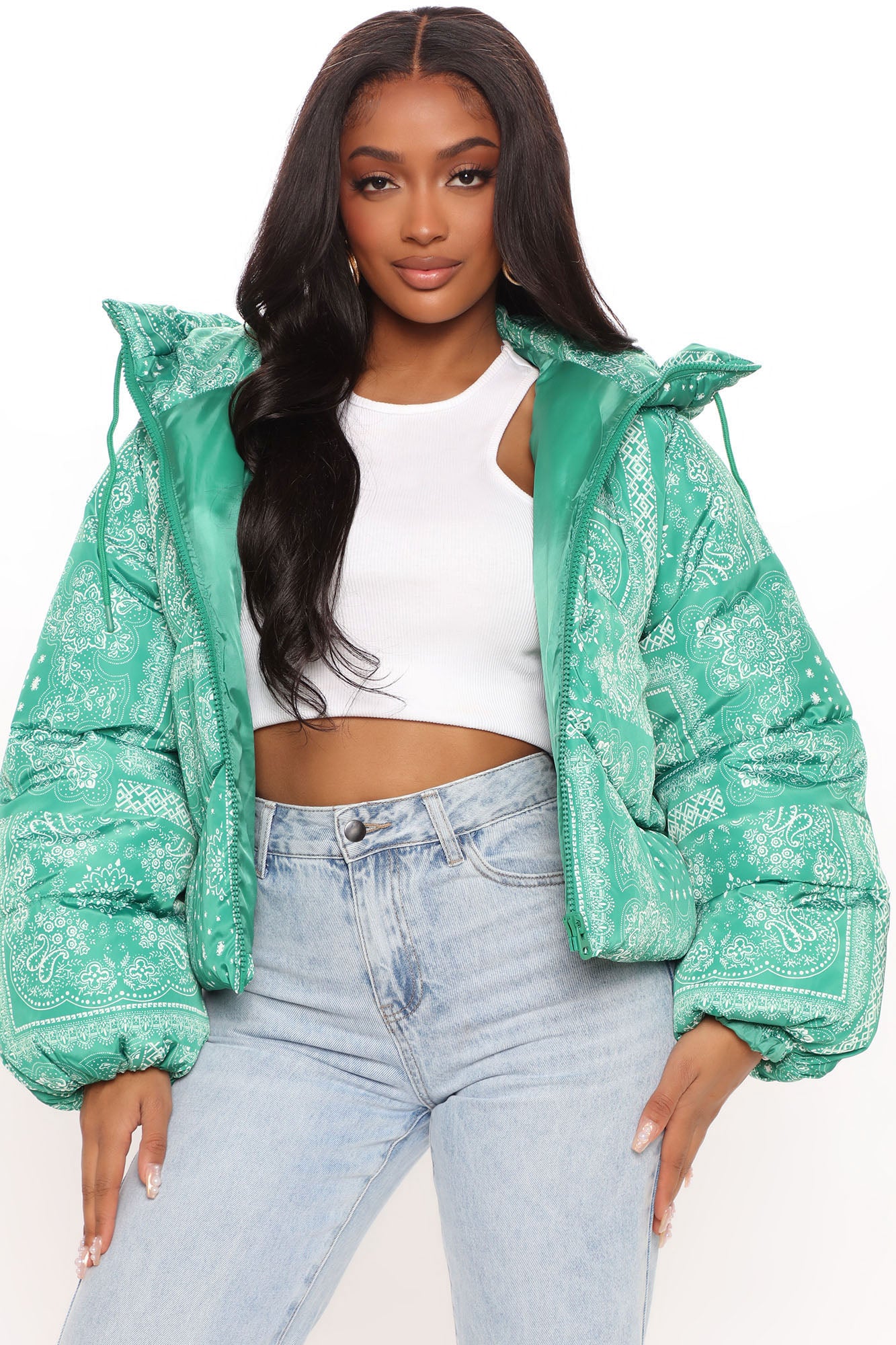 Paisley Little Thing Puffer Jacket Kelly Green Fashion Nova