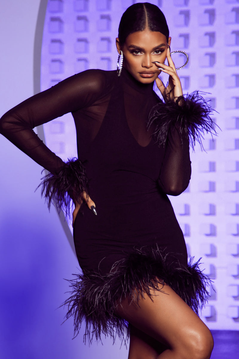 Maya Long Sleeve Feather Mini Dress - Black | Fashion Nova, Luxe ...