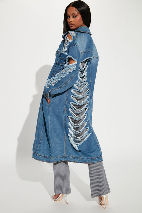 Long denim shop jacket fashion nova