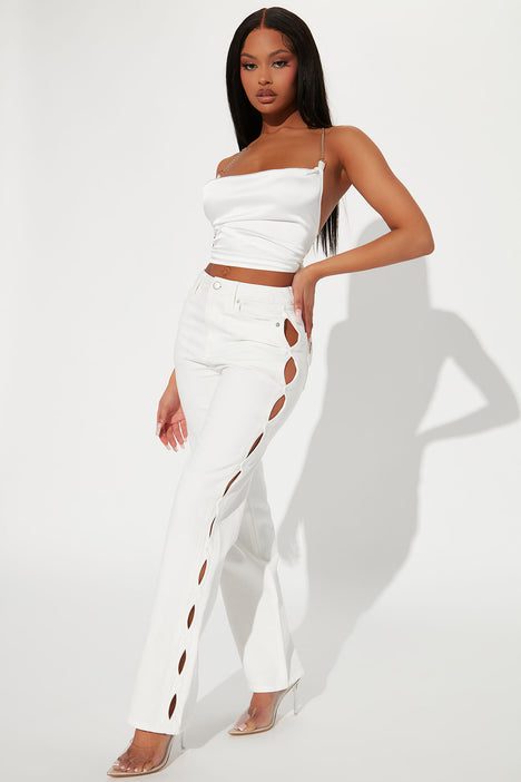 Take A Peek Cut Out Straight Leg Jean - White | Fashion Nova