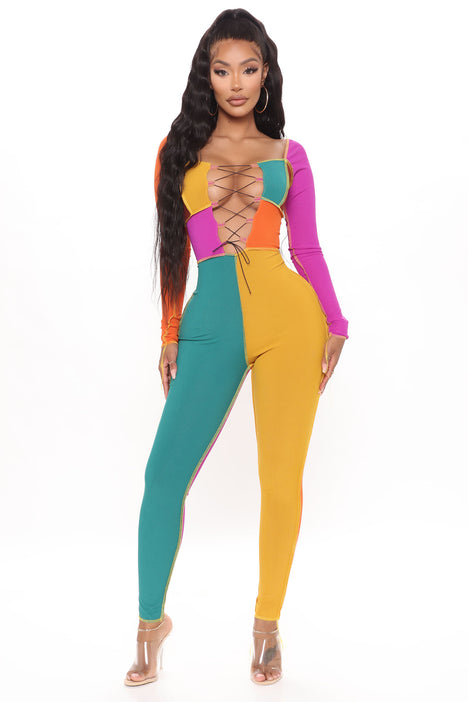 Rainbow jumpsuit clearance fashion nova