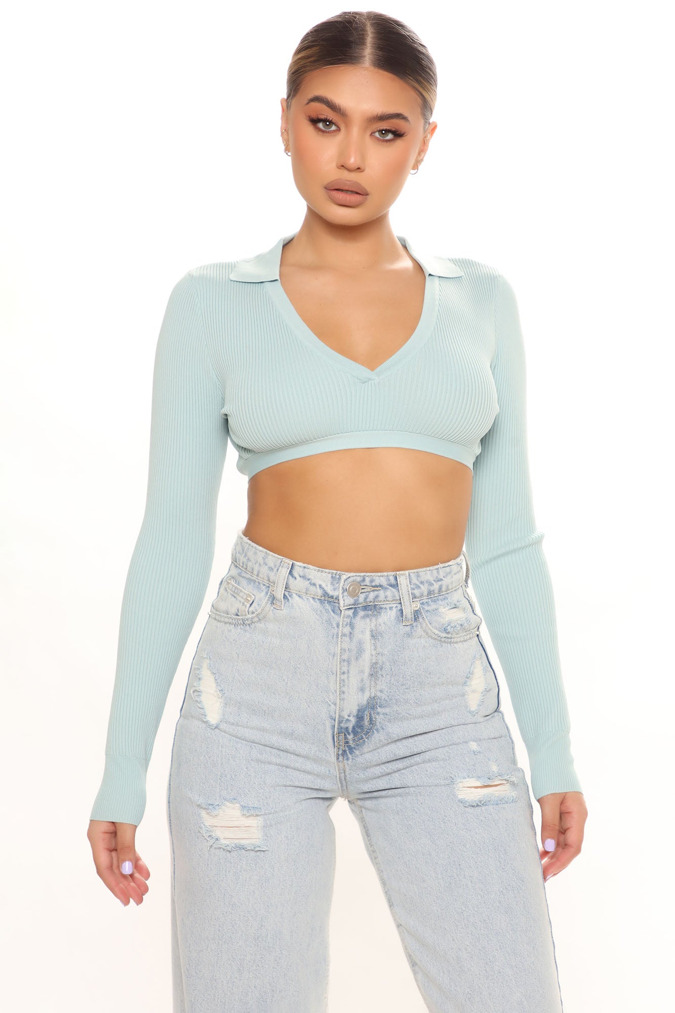Take A Look Cropped Sweater Top Mint Fashion Nova Sweaters