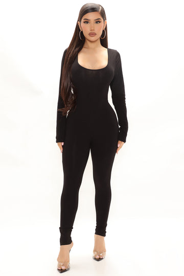 Black Long Sleeve Plunge Flare Jumpsuit | Dressed in Lucy