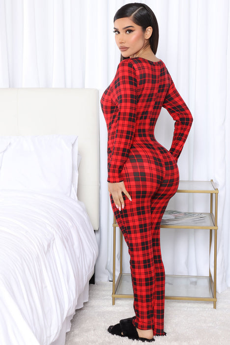 Fireside Cabin PJ Jumpsuit Onesie Red Black Fashion Nova