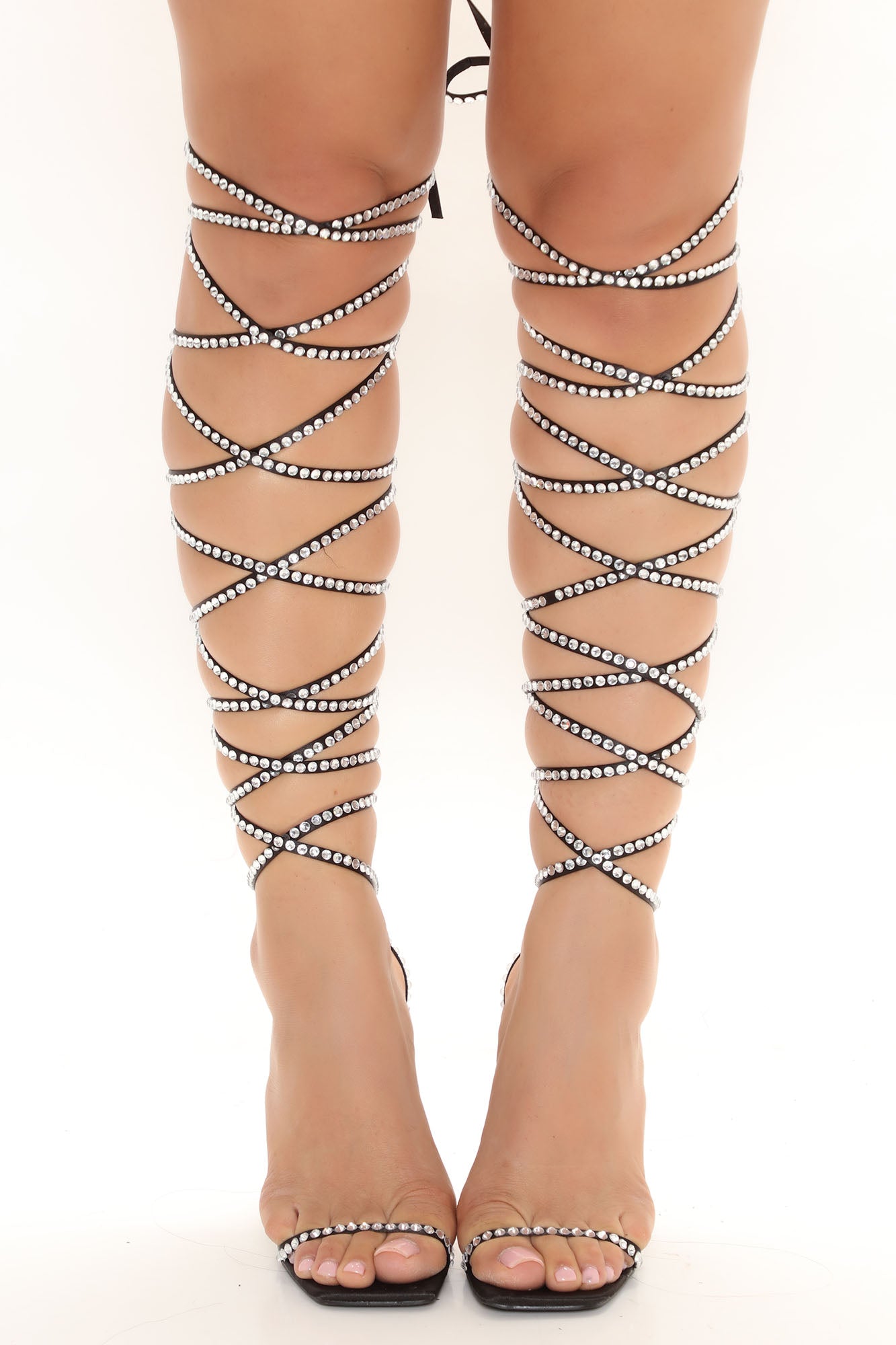Thigh high diamond wrap heels store