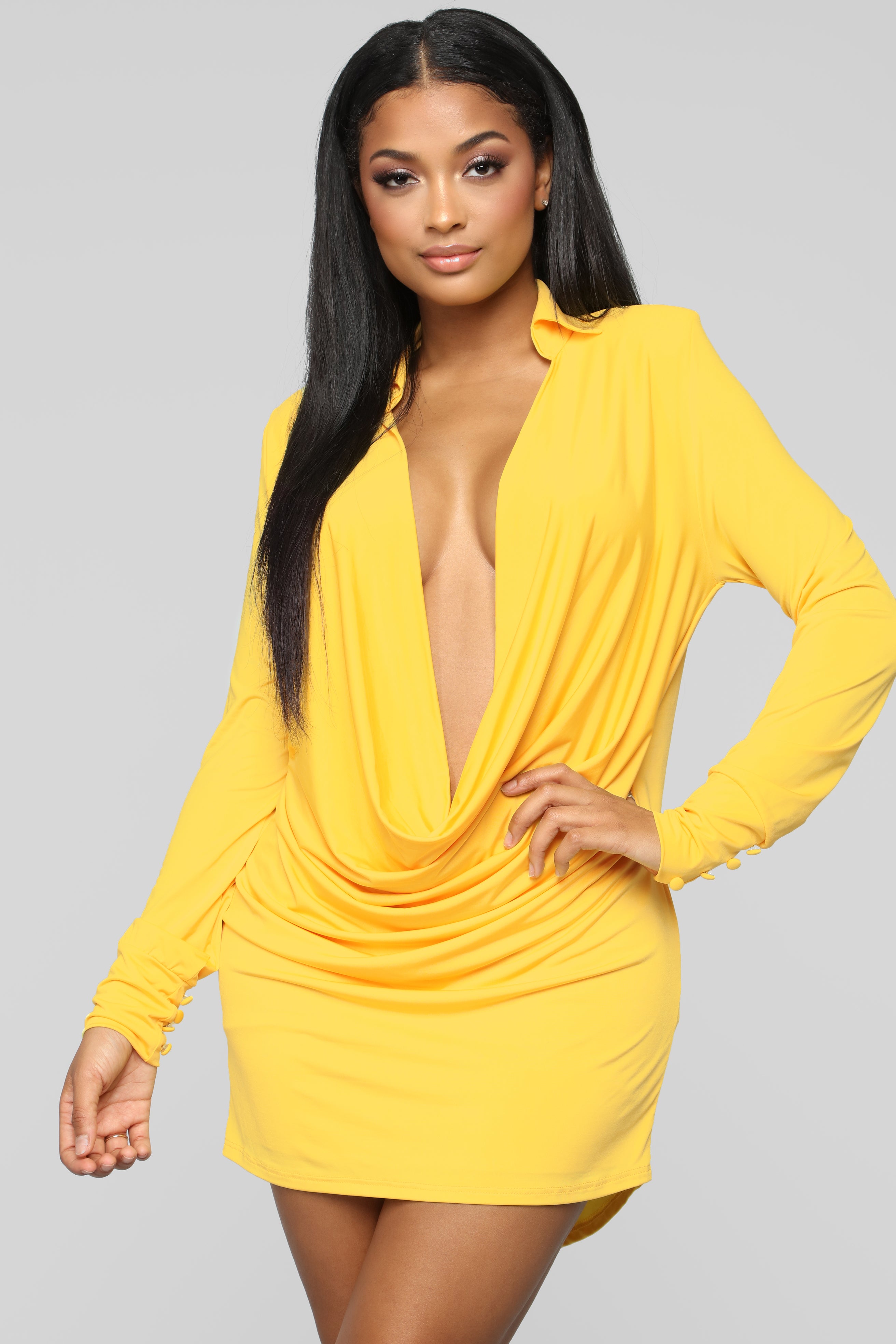 Slay The Night Cowl Neck Dress Yellow