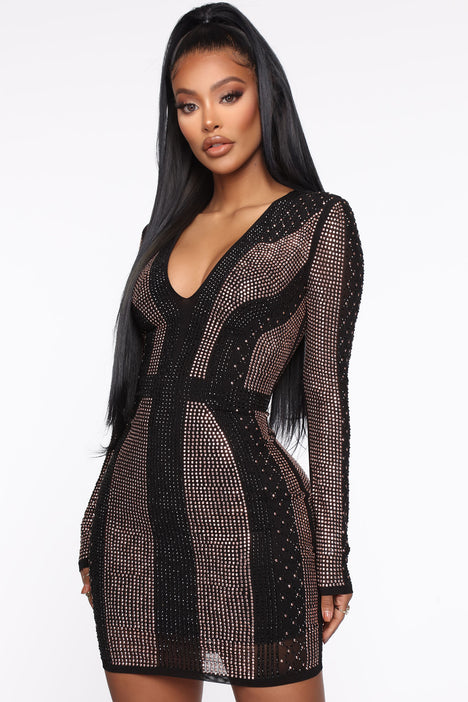 Stud Muffin Rhinestone Mini Dress Black Bronze