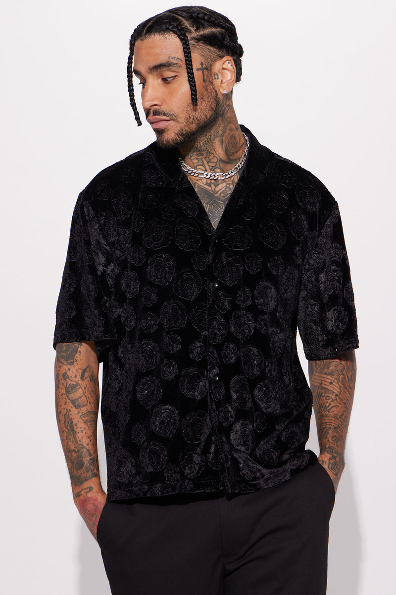 Like A Rose Velour Textured Short Sleeve Button Up - Black | Fashion ...
